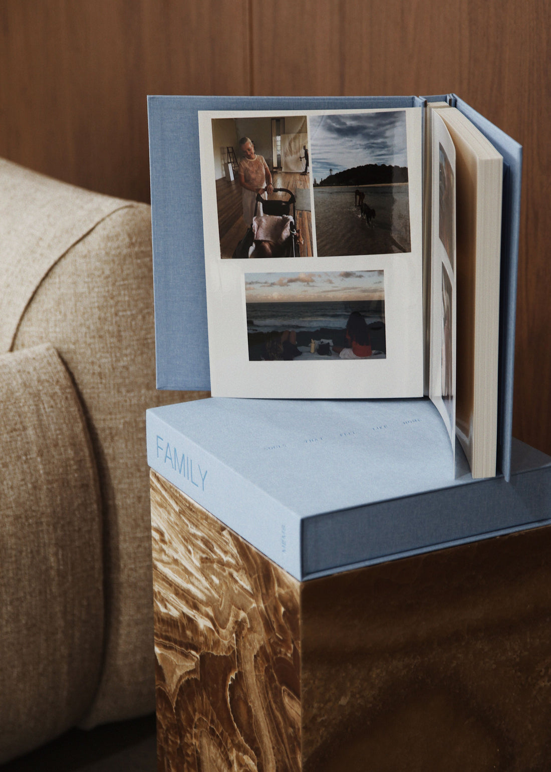 FAMILY photo album and denim blue linen keepsake box by MEMS Keepsake, view 4