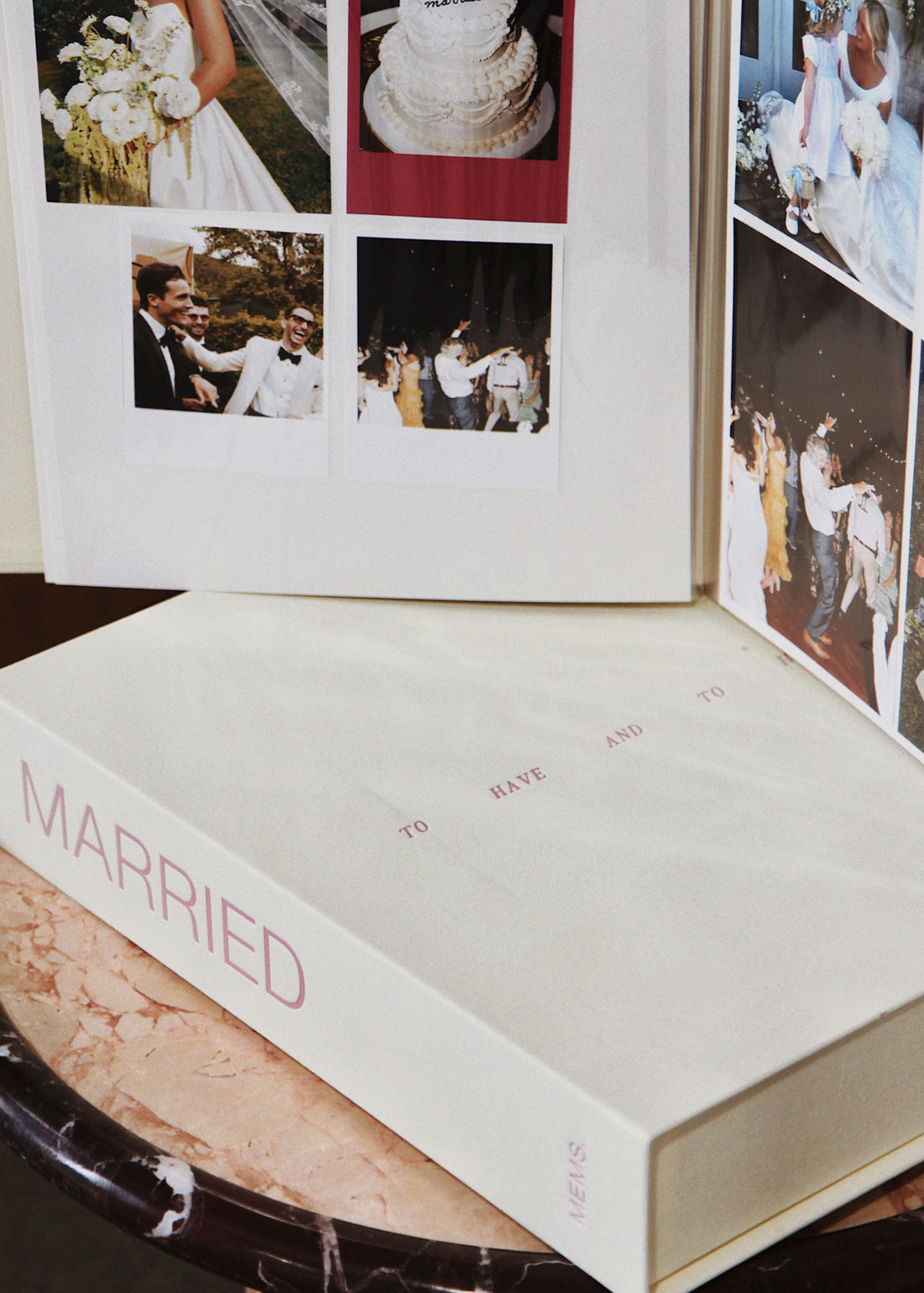MARRIED wedding photo album and cream linen keepsake box by MEMS Keepsake, open view