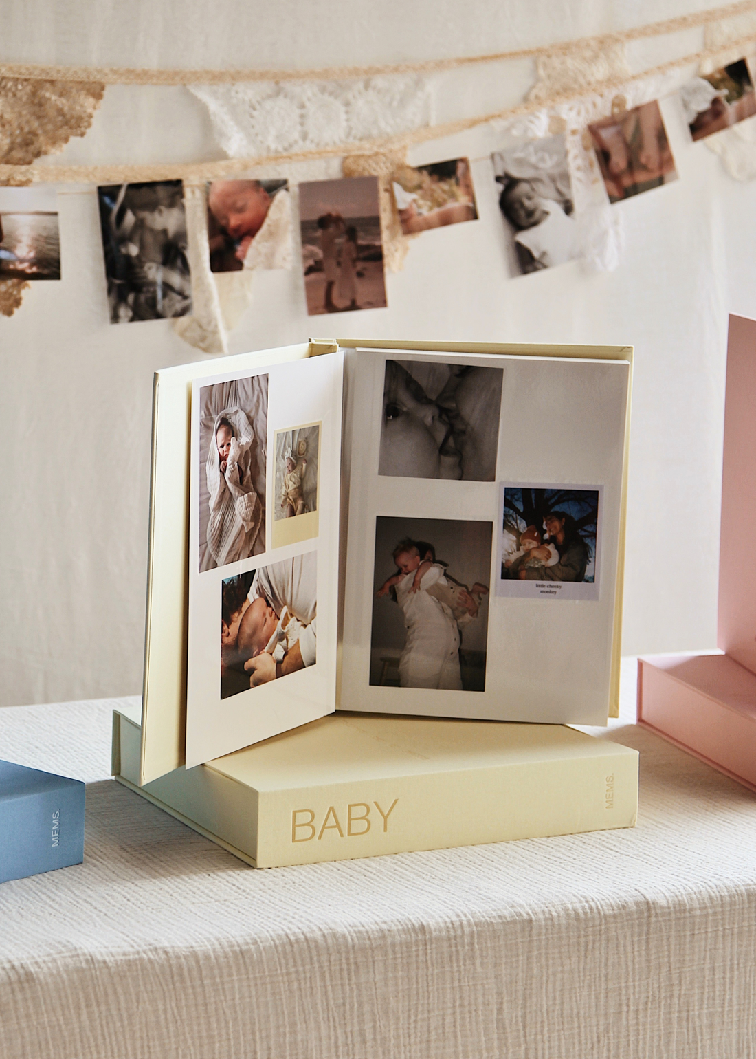 BABY photo album and butter yellow linen keepsake box by MEMS Keepsake, view 3