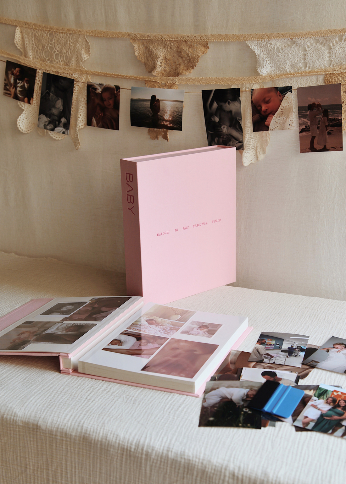 BABY photo album and strawberry pink linen keepsake box by MEMS Keepsake, view 6