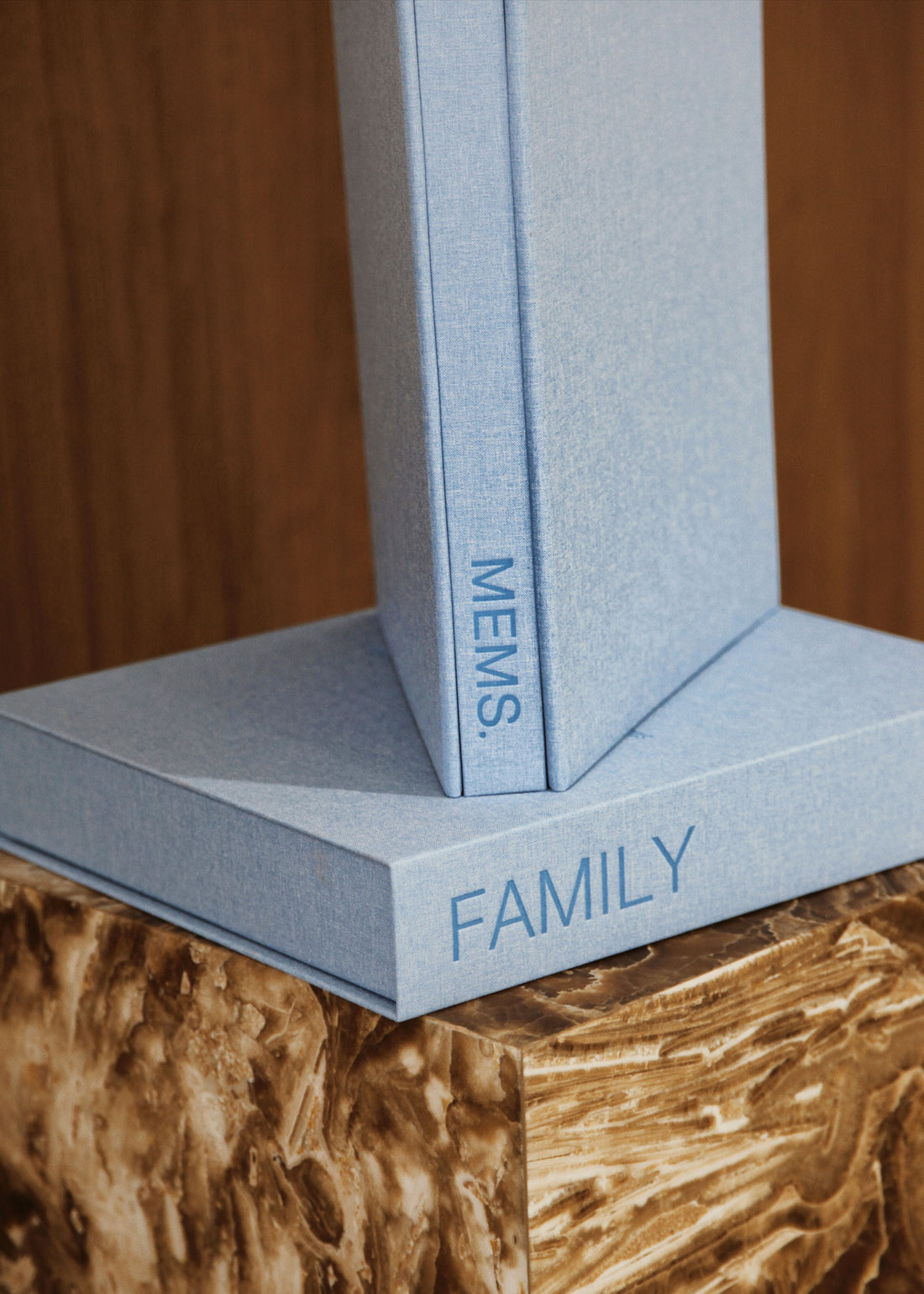 FAMILY photo album and denim blue linen keepsake box by MEMS Keepsake