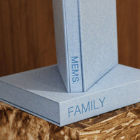 FAMILY photo album and denim blue linen keepsake box by MEMS Keepsake